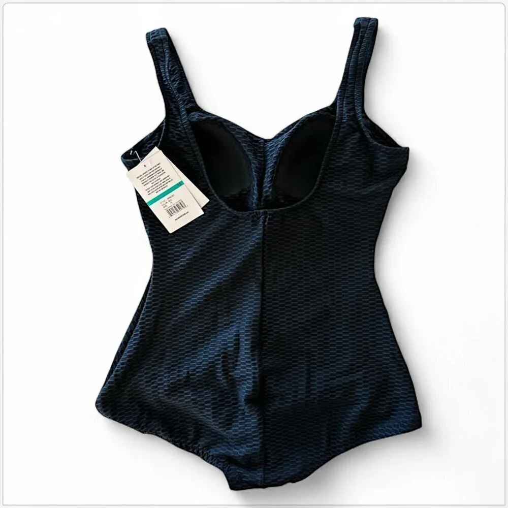 Maxine of Hollywood Black Textured Spa Shirred Front One Piece Swimsuit NWT 16